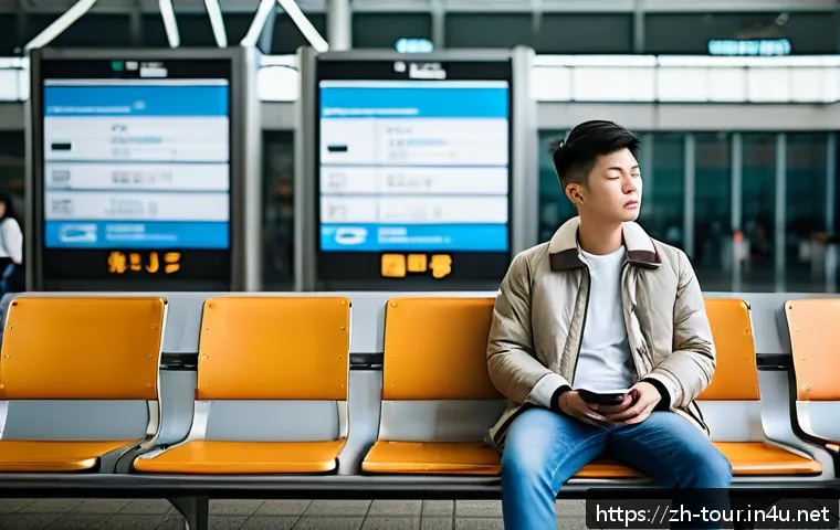 여행 안전 지침 - A calm and composed young traveler, wearing casual comfortable clothing and a light jacket, sitting ...
