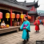 관광 브랜드 이미지 - A vibrant and immersive cultural tourism scene set in a modern Chinese town, featuring local people ...