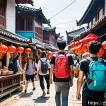 아웃바운드 관광 마케팅 - A vibrant scene showing a diverse group of young backpackers engaging in a culturally immersive adve...