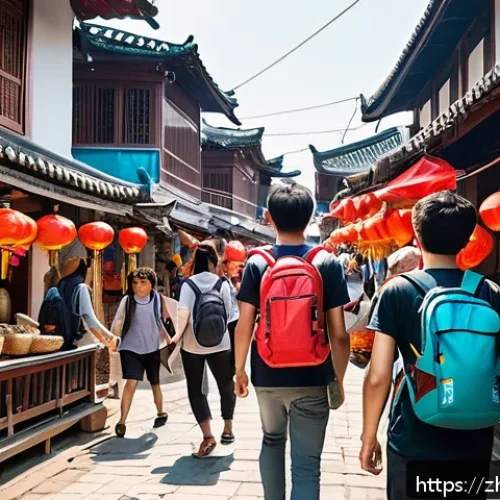 아웃바운드 관광 마케팅 - A vibrant scene showing a diverse group of young backpackers engaging in a culturally immersive adve...