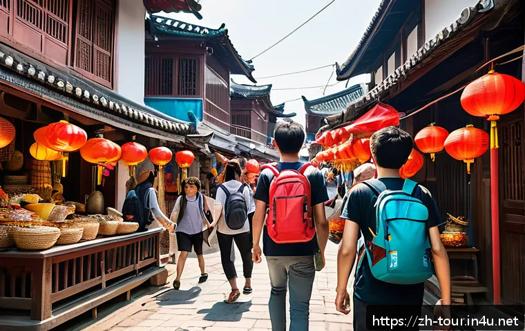 아웃바운드 관광 마케팅 - A vibrant scene showing a diverse group of young backpackers engaging in a culturally immersive adve...