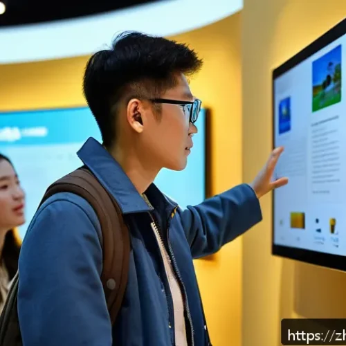 관광 경제 분석 - A modern tourist using a sleek AI-powered smart guide device in a large, well-lit museum, surrounded...