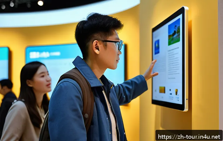 관광 경제 분석 - A modern tourist using a sleek AI-powered smart guide device in a large, well-lit museum, surrounded...