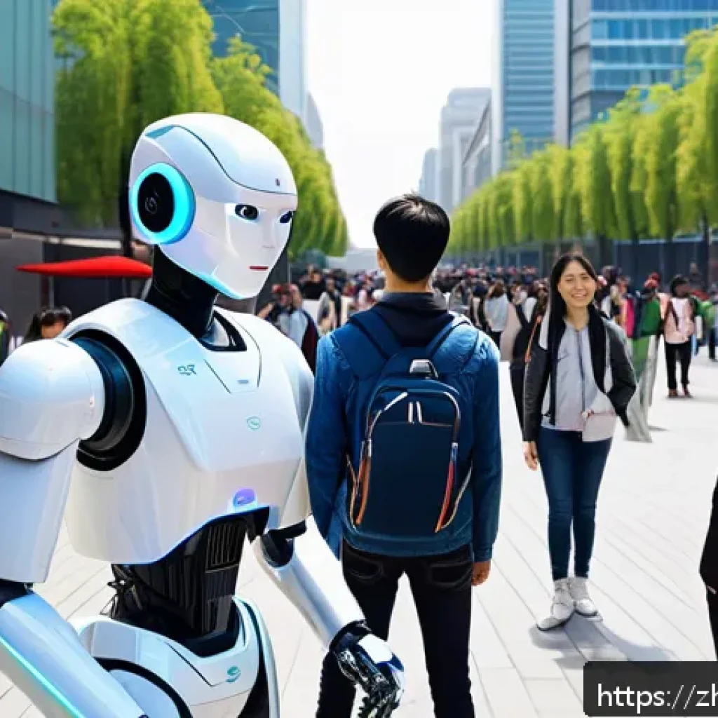 로봇 관광 가이드 - A sleek, futuristic robot tour guide assisting a diverse group of tourists in a bustling modern city...