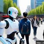 로봇 관광 가이드 - A sleek, futuristic robot tour guide assisting a diverse group of tourists in a bustling modern city...