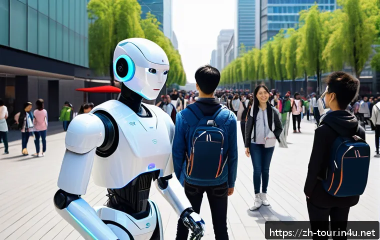 로봇 관광 가이드 - A sleek, futuristic robot tour guide assisting a diverse group of tourists in a bustling modern city...