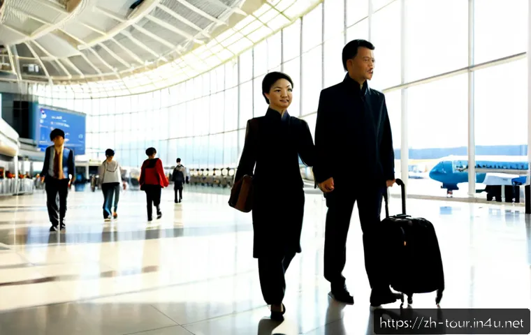 글로벌 관광 시장 - Photorealistic global tourism scene in a bright modern international airport, diverse adult traveler...