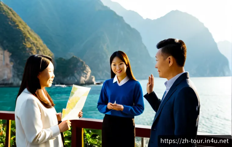 관광 경영사의 역할 - Photorealistic tourism manager in smart business-casual attire warmly guiding a small multigeneratio...